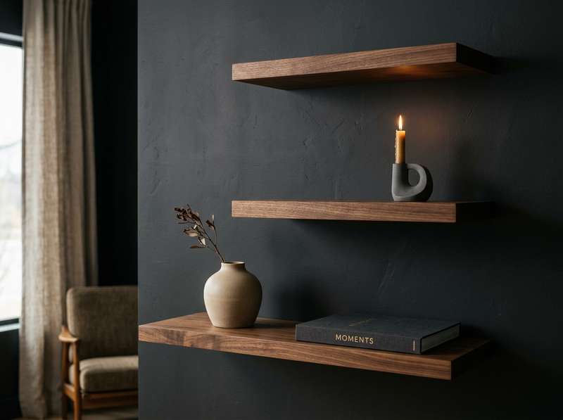 Floating Walnut Shelf Set — set of 3 solid walnut shelves mounted on dark wall